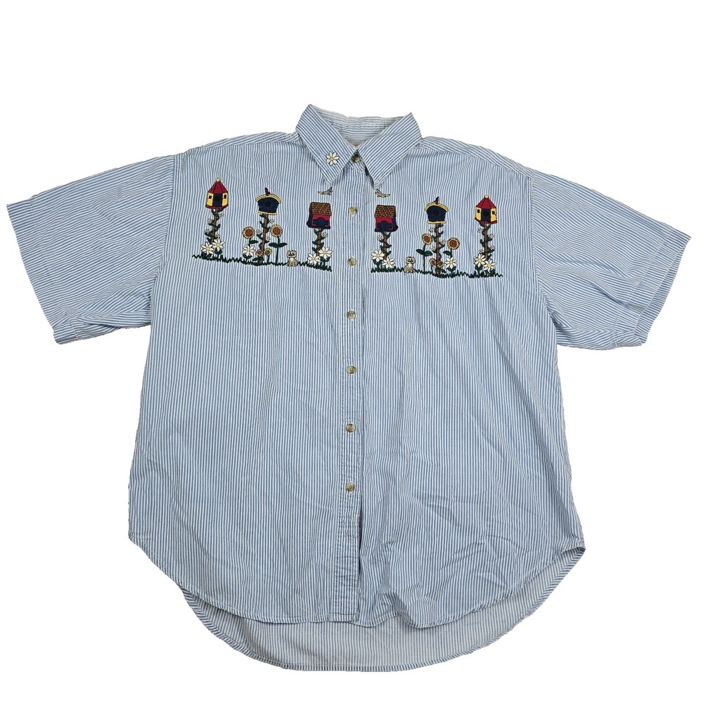 Vintage Faded Glory Women's Size 18 W Embroidered Top Mailbox Y2K Button Up